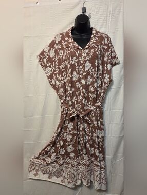 Brown Floral Button-Front Midi Dress with Tie Waist